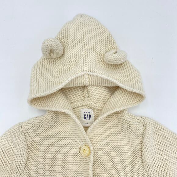 Baby GAP Beige Bear Ears Hood Button Up Cardigan Size 3-6 M - Picture 2 of 8